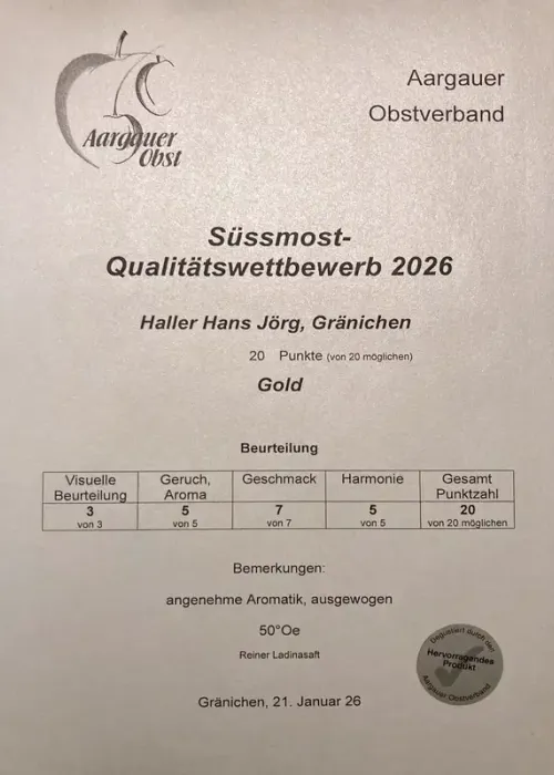 Gold-Urkunde des Aargauer Obstverbands für Süssmost 2026